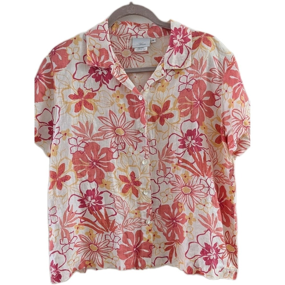 Hot Cotton Shirt Womens Small Hawaiian Floral 100% Linen Button Up Made In USA